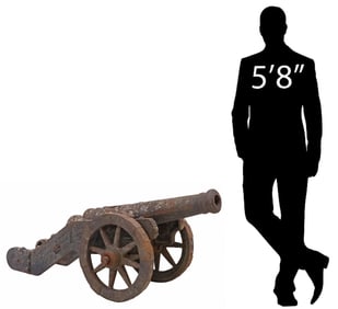 LARGE CAST IRON MODEL OF A CANNON & FOLIATED CARRIAGE