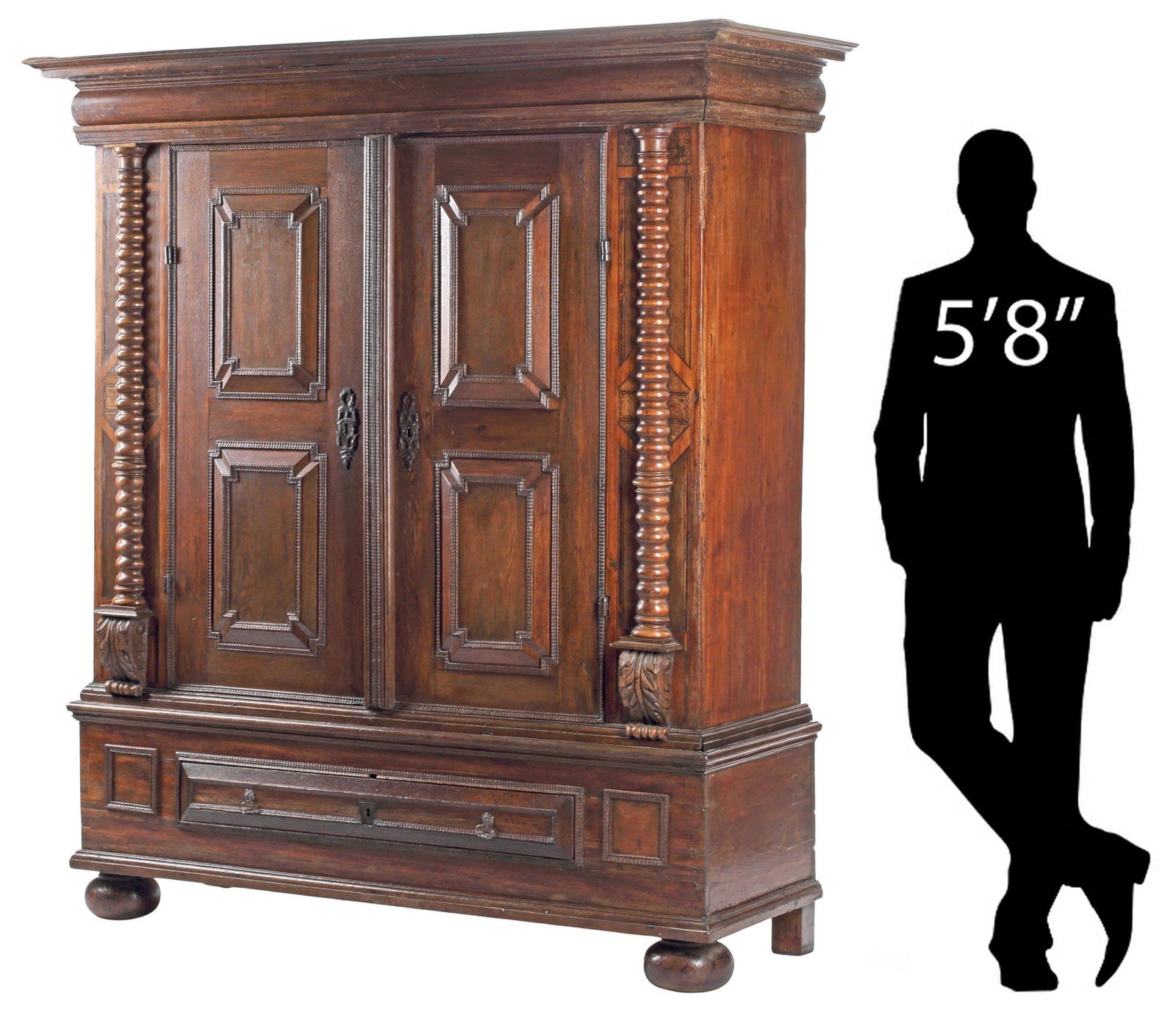 LARGE DUTCH CARVED OAK & PARQUETRY ARMOIRE CABINET, 82"H: Monumental Dutch carved oak armoire, 17th/ 18th c., having stepped cornice, above dual paneled cabinet doors with scrolled iron hinges, revealing divided open storage with coat racks, iron lock plate