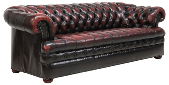 ENGLISH CHESTERFIELD TUFTED OXBLOOD LEATHER 3-SEAT SOFA