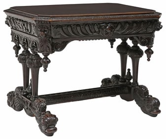 FRENCH RENAISSANCE REVIVAL CARVED OAK WRITING TABLE