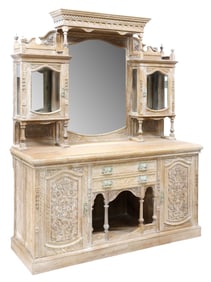 VICTORIAN STYLE CARVED & WHITE-WASHED MIRRORED SIDEBOARD, 91"H