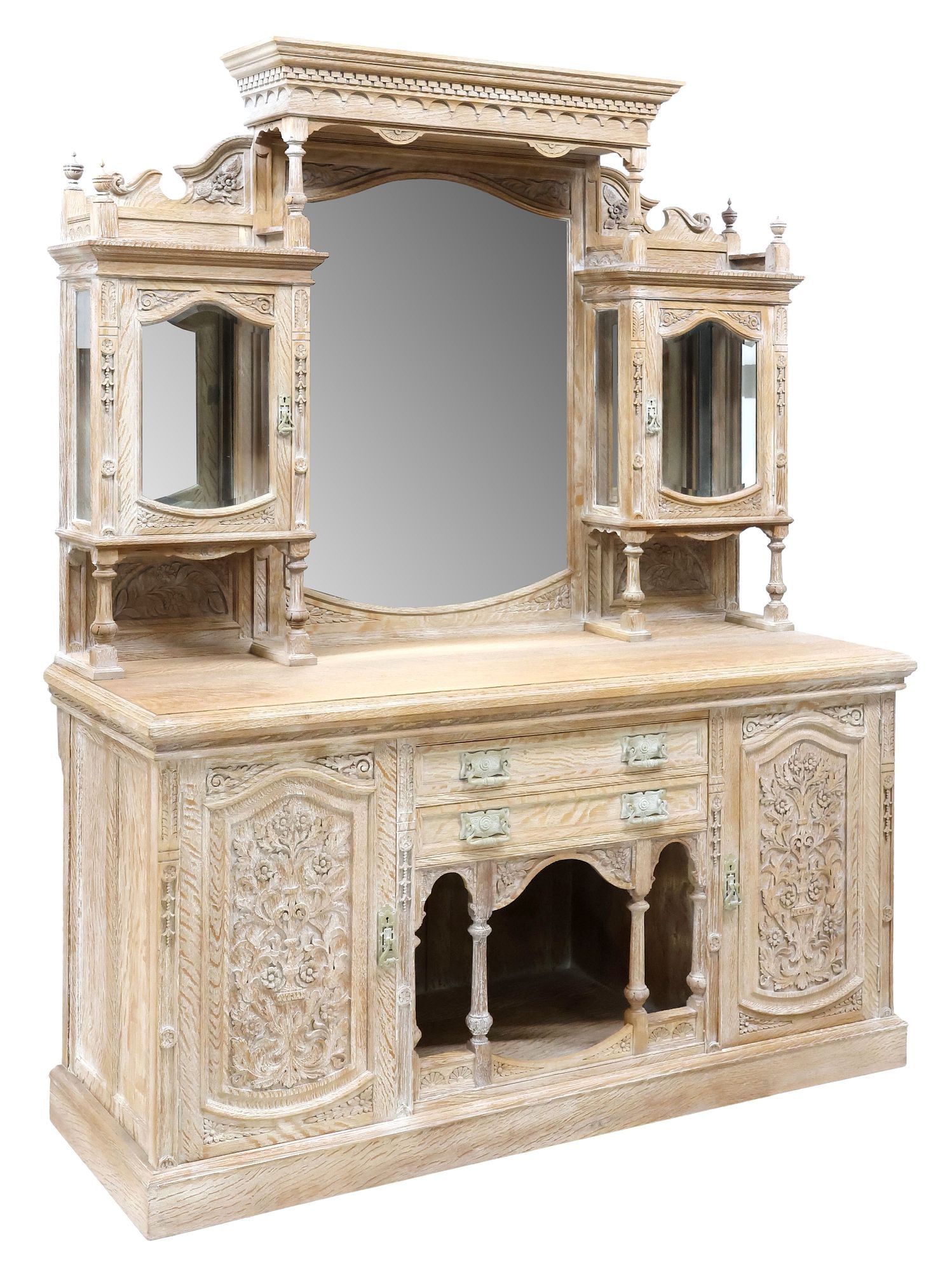 VICTORIAN STYLE CARVED & WHITE-WASHED MIRRORED SIDEBOARD, 91"H (1 of 7)