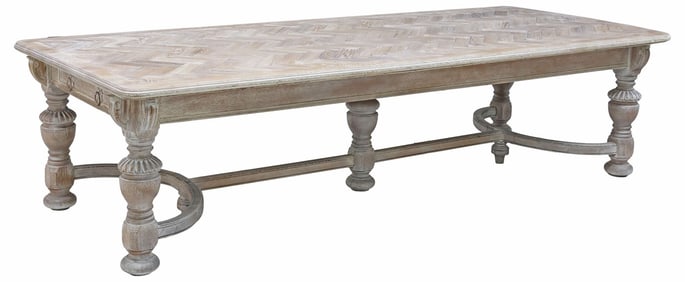 LARGE ENGLISH CERUSED OAK HERRINGBONE PARQUETRY DINING TABLE, 120"L