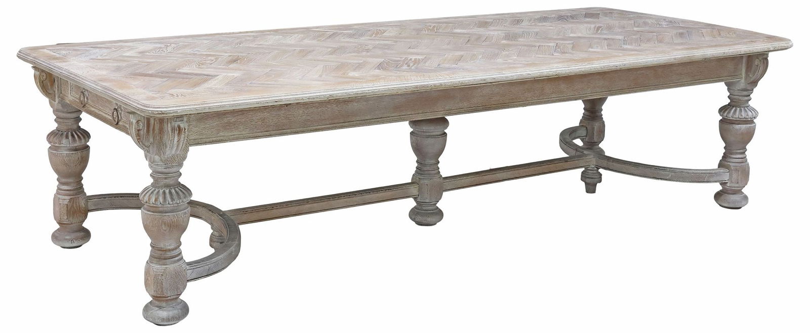 LARGE ENGLISH CERUSED OAK HERRINGBONE PARQUETRY DINING TABLE, 120"L: Large English cerused oak dining table, late 19th c., having herringbone patterned parquetry top, over deep drawers on either end, rising on bulbous turned and carved legs, joined by cross stretcher,