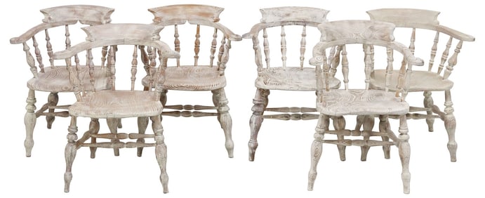 (6) ENGLISH CERUSED WOOD SPINDLED ARMCHAIRS / CAPTAIN'S CHAIRS