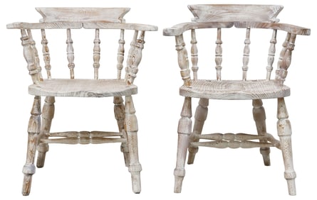 (2) ENGLISH CERUSED WOOD SPINDLED ARMCHAIRS / CAPTAIN'S CHAIRS