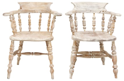 (2) ENGLISH CERUSED WOOD SPINDLED ARMCHAIRS / CAPTAIN'S CHAIRS