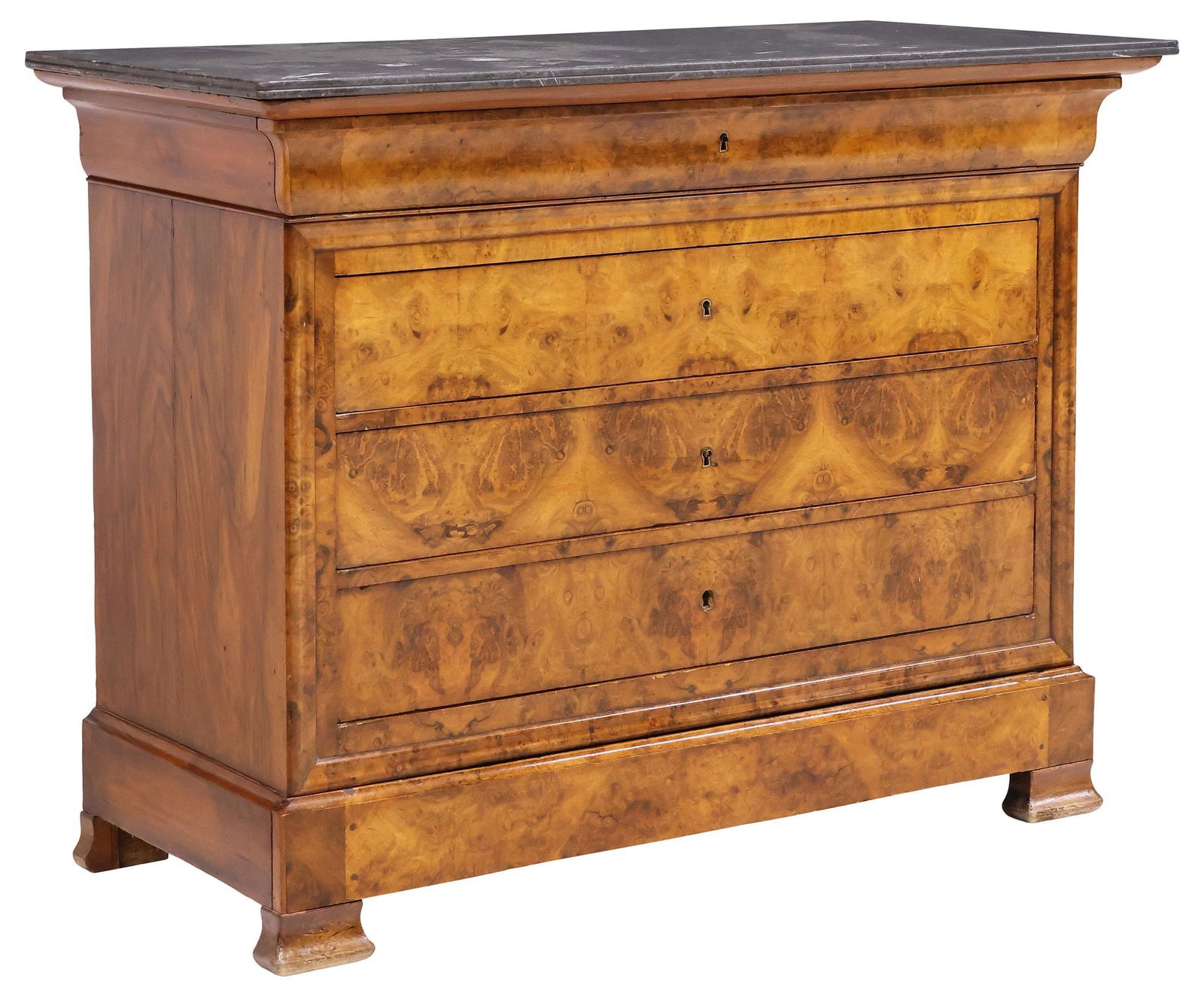 FRENCH LOUIS PHILIPPE MARBLE-TOP BURLED WALNUT COMMODE: French Louis Philippe period figured walnut commode, mid 19th c., having marble top, ogee frieze drawer revealing sectioned interior, above four additional drawers, on block feet, stable filled splits