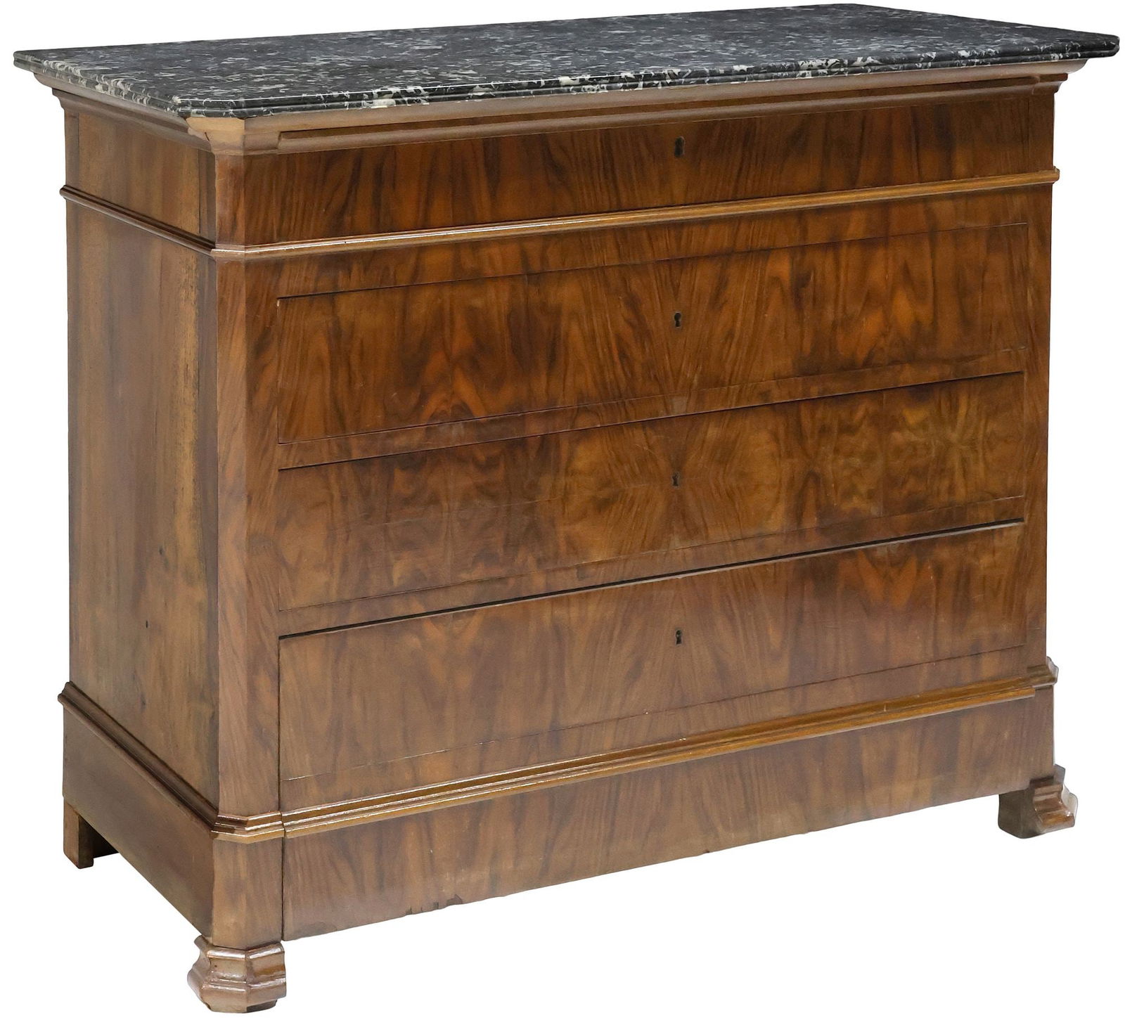 FRENCH LOUIS PHILIPPE MARBLE-TOP BURLED WALNUT COMMODE: French Louis Philippe period figured walnut commode, mid 19th c., having marble top, above four drawers, rising on stepped feet, approx 39.75"h, 50.5"w, 23"d