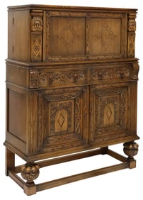 ENGLISH JACOBEAN STYLE CARVED OAK FOLDING COURT / BAR CABINET