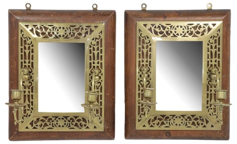 (2) ENGLISH VICTORIAN BRASS & WALNUT 2-LT GIRANDOLE MIRRORS
