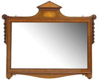 FINE ENGLISH EDWARDIAN WALNUT & MARQUETRY MIRROR, 37" X 45"