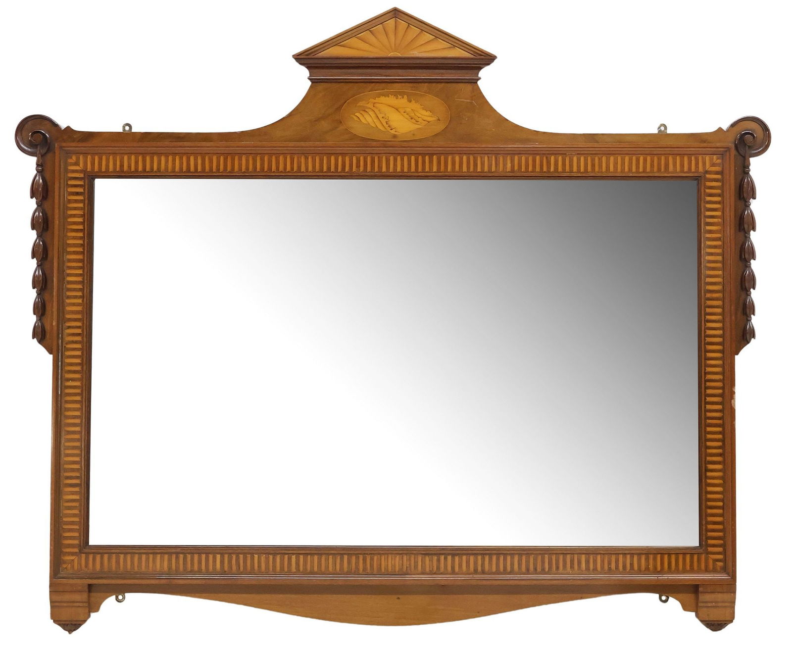 FINE ENGLISH EDWARDIAN WALNUT & MARQUETRY MIRROR, 37" X 45": English Edwardian inlaid walnut wall mirror, early 20th c., having triangular pediment with fanned inlay, over central shell marquetry medallion, rectangular frame with faux fluting inlay, flanked by