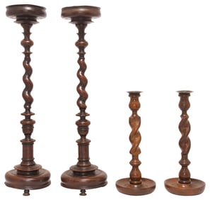 (4) ENGLISH CARVED OAK BARLEY TWIST CANDLESTICKS