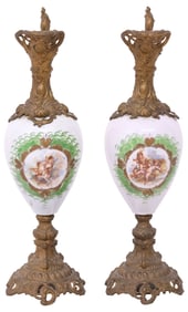 (2) VICTORIAN WAVECREST STYLE OPAL GLASS & METAL EWER GARNITURES