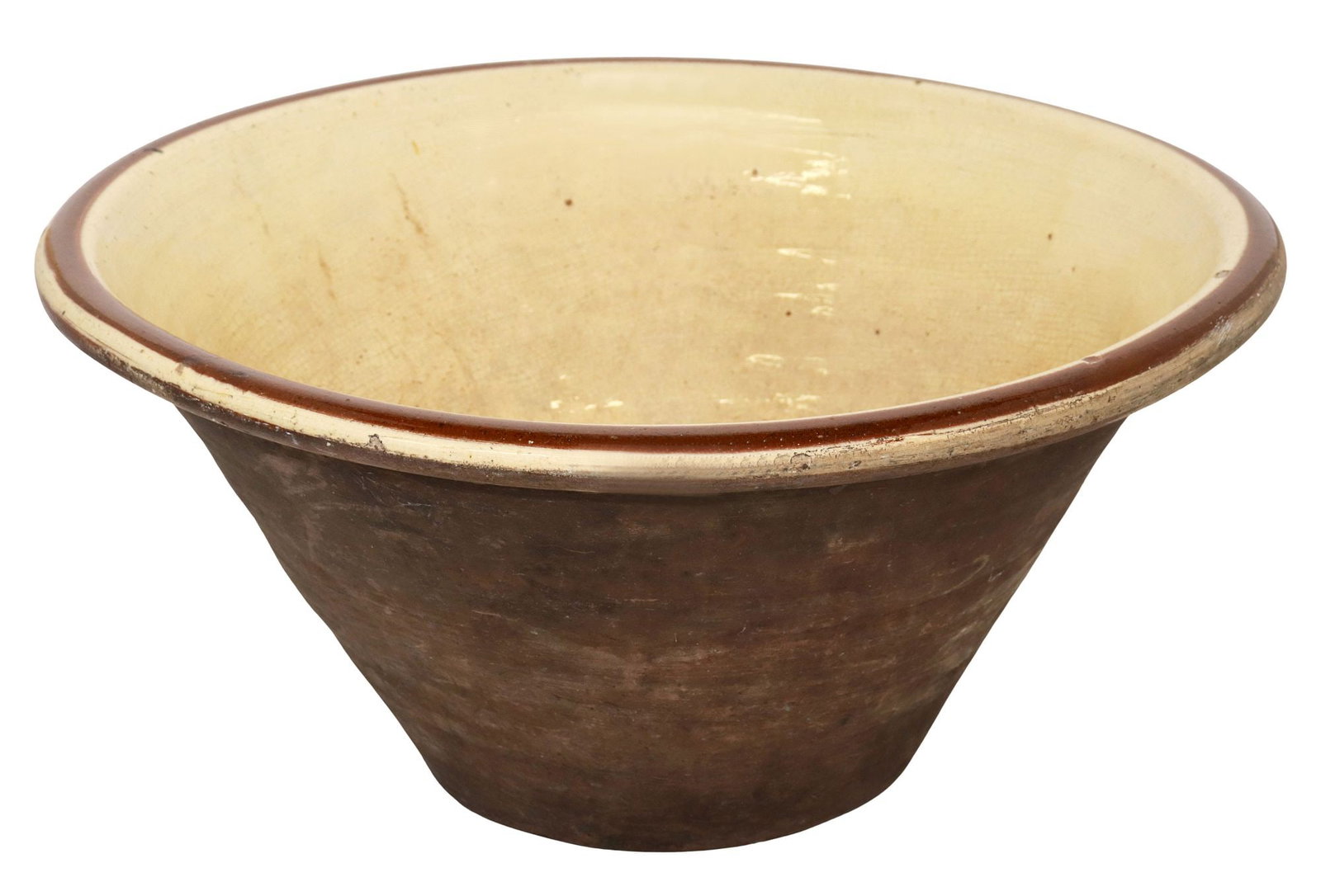 LARGE ENGLISH TERRACOTTA SLIP GLAZE DAIRY BOWL/ PANCHEON: Large English terracotta dairy bowl/pancheon, early 20th c., having circular rim, over tapered body, interior slip glaze with brown rim, approx 8.5"h, 17 5/8"diam, 11.75lbs