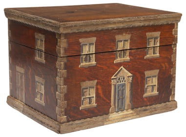 ENGLISH PAINT-DECORATED HOUSE FACADE OAK WORK BOX