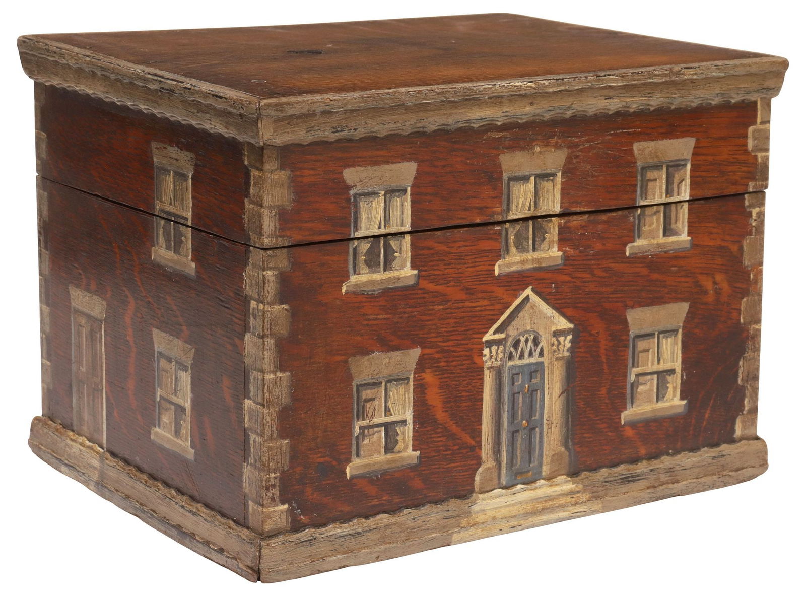 ENGLISH PAINT-DECORATED HOUSE FACADE OAK WORK BOX (1 of 6)