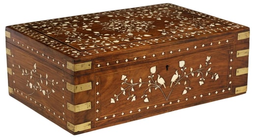 ANGLO-INDIAN BRASS-BOUND INLAID MAHOGANY DRESSING BOX