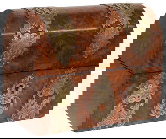 ENGLISH VICTORIAN BRASS-BOUND BURLED WALNUT PERFUME CASKET