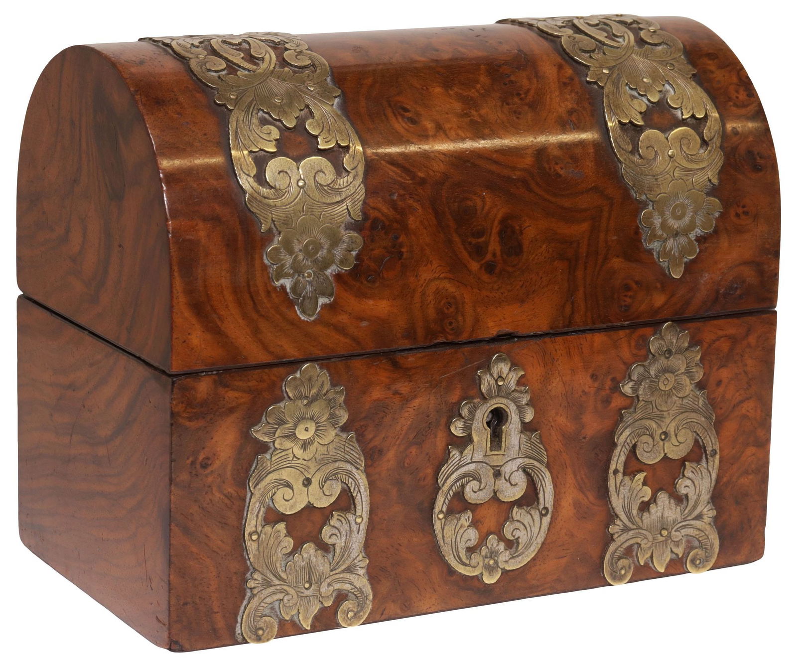 ENGLISH VICTORIAN BRASS-BOUND BURLED WALNUT PERFUME CASKET: English Victorian burr walnut perfume casket/box, late 19th c., the well-figured case of domed form with engraved foliate brass straps, lined and divided interior holding two glass bottles, having sil