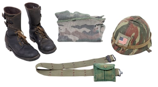 (4) U.S. MILITARY HELMET, FRENCH 'RANGER' BOOTS, CAMOUFLAGE SCARF