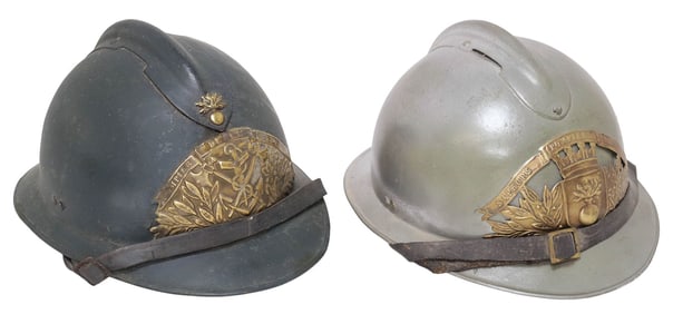 (2) FRENCH ADRIAN FIREFIGHTER HELMETS, EARLY 20TH C. BRASS FRONT PLATES