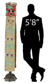 AFRICAN YORUBA BEADWORKED & COWRIE SHELL HEADDRESS ON STAND, 70"H