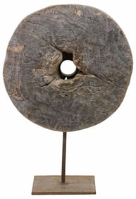 RUSTIC ANTIQUE WOOD & IRON WHEEL ON IRON STAND
