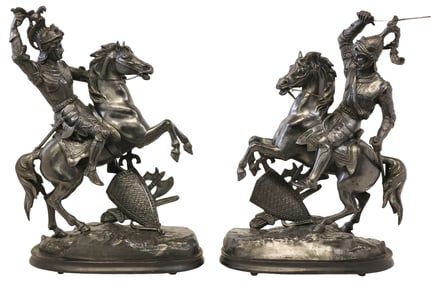 (2) PATINATED SPELTER SCULPTURES, KNIGHTS ON HORSEBACK