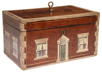ENGLISH PAINT-DECORATED HOUSE FACADE MAHOGANY TEA CADDY
