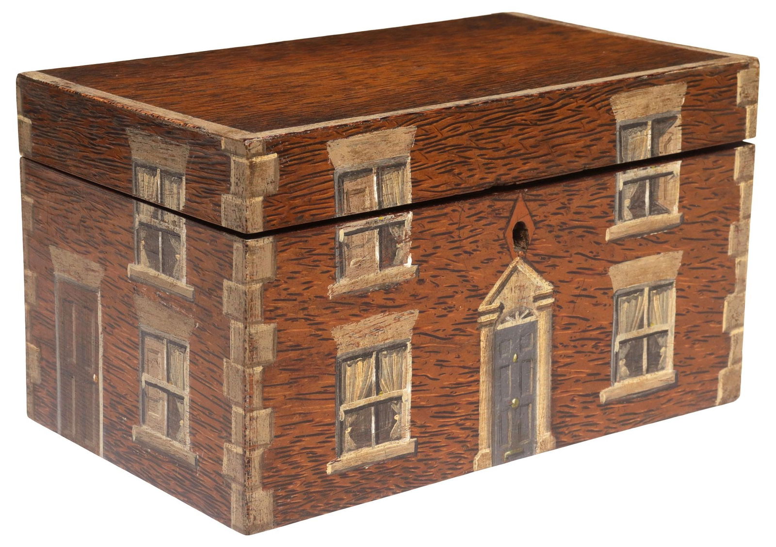 ENGLISH PAINT-DECORATED HOUSE FACADE TEA-CADDY: English grain-painted tea caddy, late 19th c., exterior later-painted as a Georgian country house facade, with tromp l'oeil doors and windows, hinged lid opening to two-compartment interior, each fitt