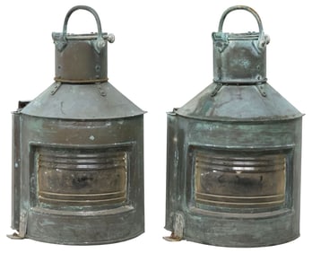 (2) ENGLISH VERDIGRIS COPPER NAUTICAL SHIP'S LIGHTS / LANTERNS