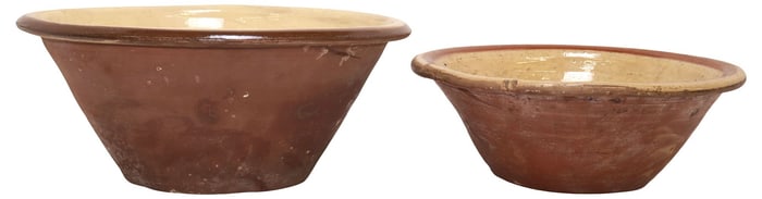 (2) ENGLISH TERRACOTTA SLIP GLAZE DAIRY BOWLS/ PANCHEONS