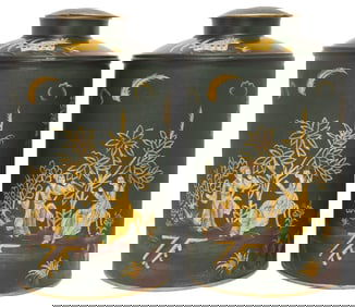 (2) LARGE ENGLISH CHINOISERIE TOLE PAINTED TEA CADDIES