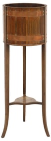 ENGLISH EDWARDIAN OAK & COPPER BARREL-FORM STANDING JARDINIERE
