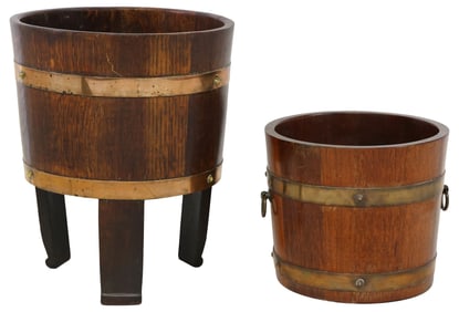 (2) ENGLISH BRASS-BOUND COOPERED OAK BUCKET PLANTERS, 1 R.A. LISTER & CO.