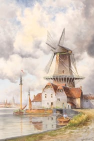 LOUIS VAN STAATEN (D.1909) WATERCOLOR, DUTCH HARBOR LANDSCAPE