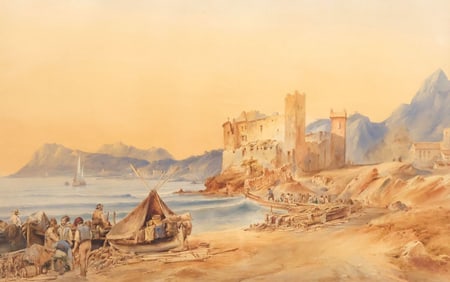 ENGLISH SCHOOL WATERCOLOR PAINTING, COASTAL SUNSET LANDSCAPE