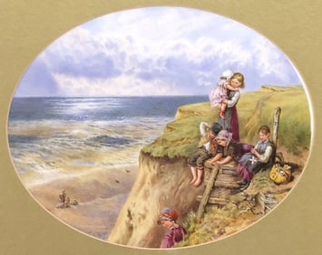 FRAMED PAINTED PORCELAIN PLAQUE, YOUNG FAMILY IN SEASCAPE