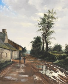 RAYMOND QUENCE (B.1932) PAINTING, FATHER & SON WALKING ON DIRT PATH, 30" X 24"