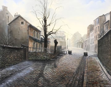 RAYMOND QUENCE (B.1932) PAINTING WINTER COBBLESTONE STREET SCENE, 26" X 32"
