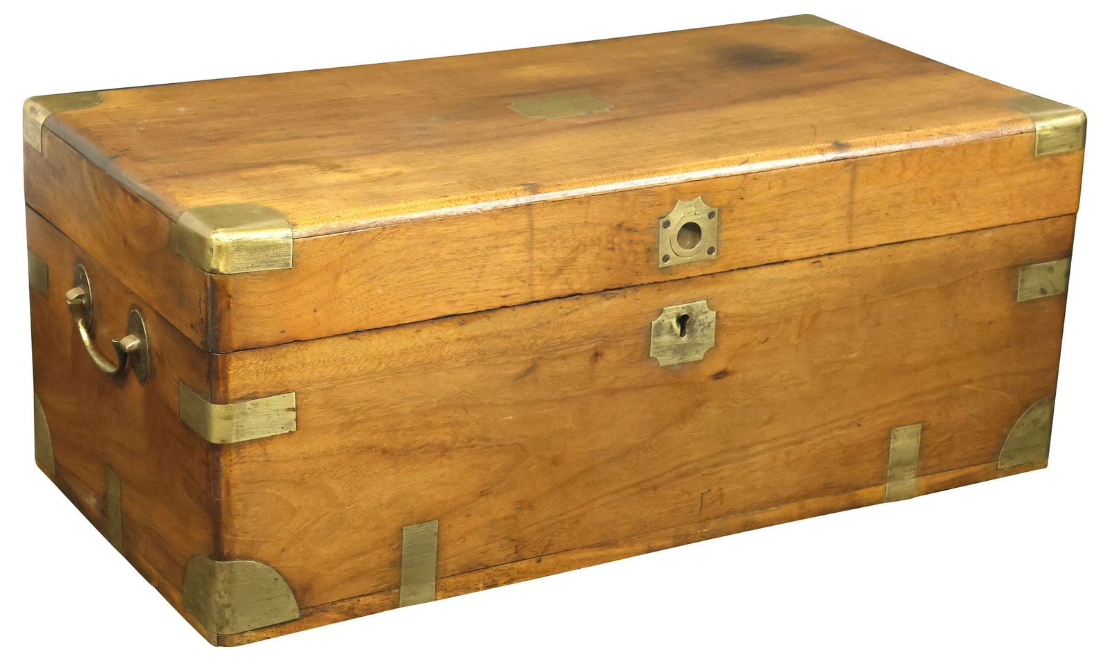 ENGLISH CAMPHORWOOD HANDLED CAMPAIGN BOX / STORAGE TRUNK (1 of 5)