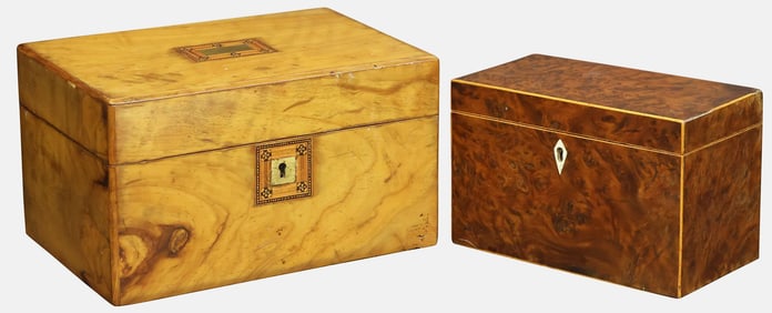 (2) ENGLISH BOXES, BURLWOOD TEA CADDY & INLAID STORAGE BOX