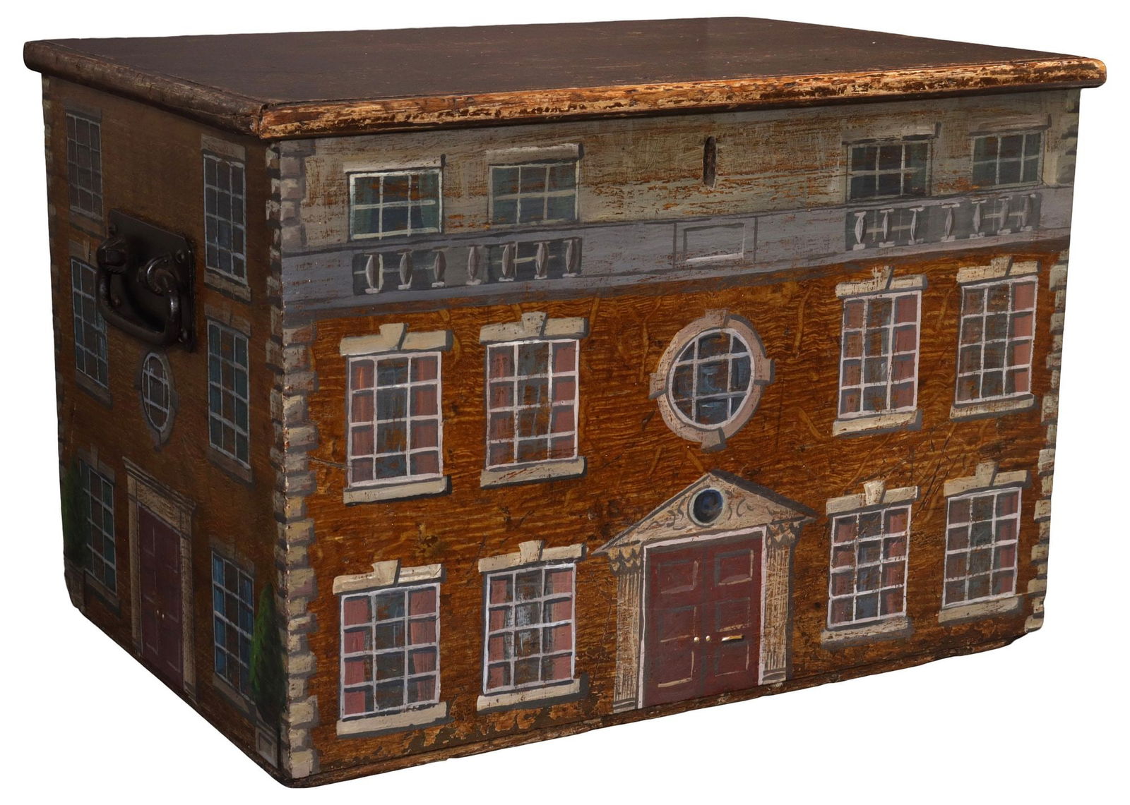 ENGLISH PAINT-DECORATED HOUSE FACADE WORK BOX: English painted-decorated work box, 19th c., exterior later painted as a Georgian house facade with tromp l'oeil doors, windows, and quoined corners, approx 13"h, 19"w, 13"d, 11lbs