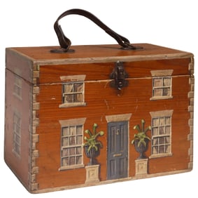 ENGLISH PAINT-DECORATED HOUSE FACADE WORK BOX WITH HANDLE