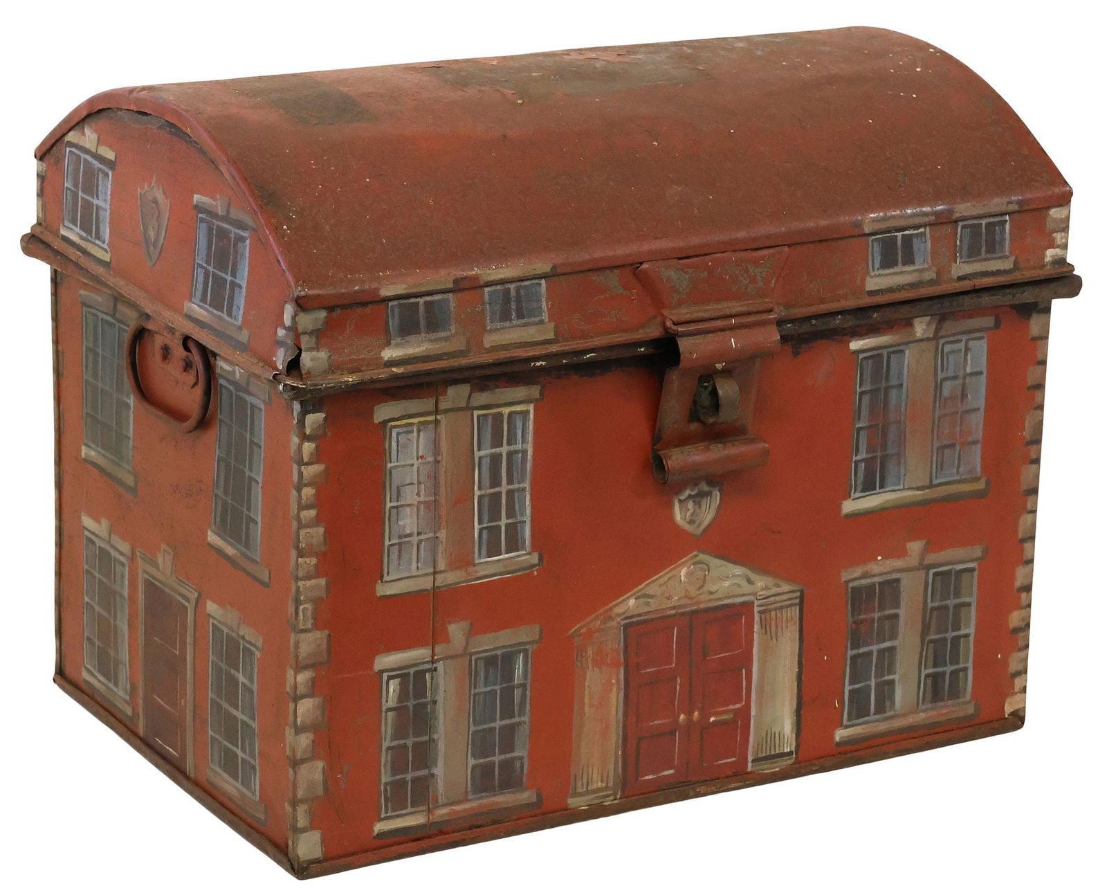 ENGLISH PAINT-DECORATED HOUSE FACADE METAL WORK BOX: English painted-decorated metal work box, 19th c., exterior later painted as a Georgian country house facade with tromp l'oeil doors, windows, and quoined corners, open interior, retaining side carryi