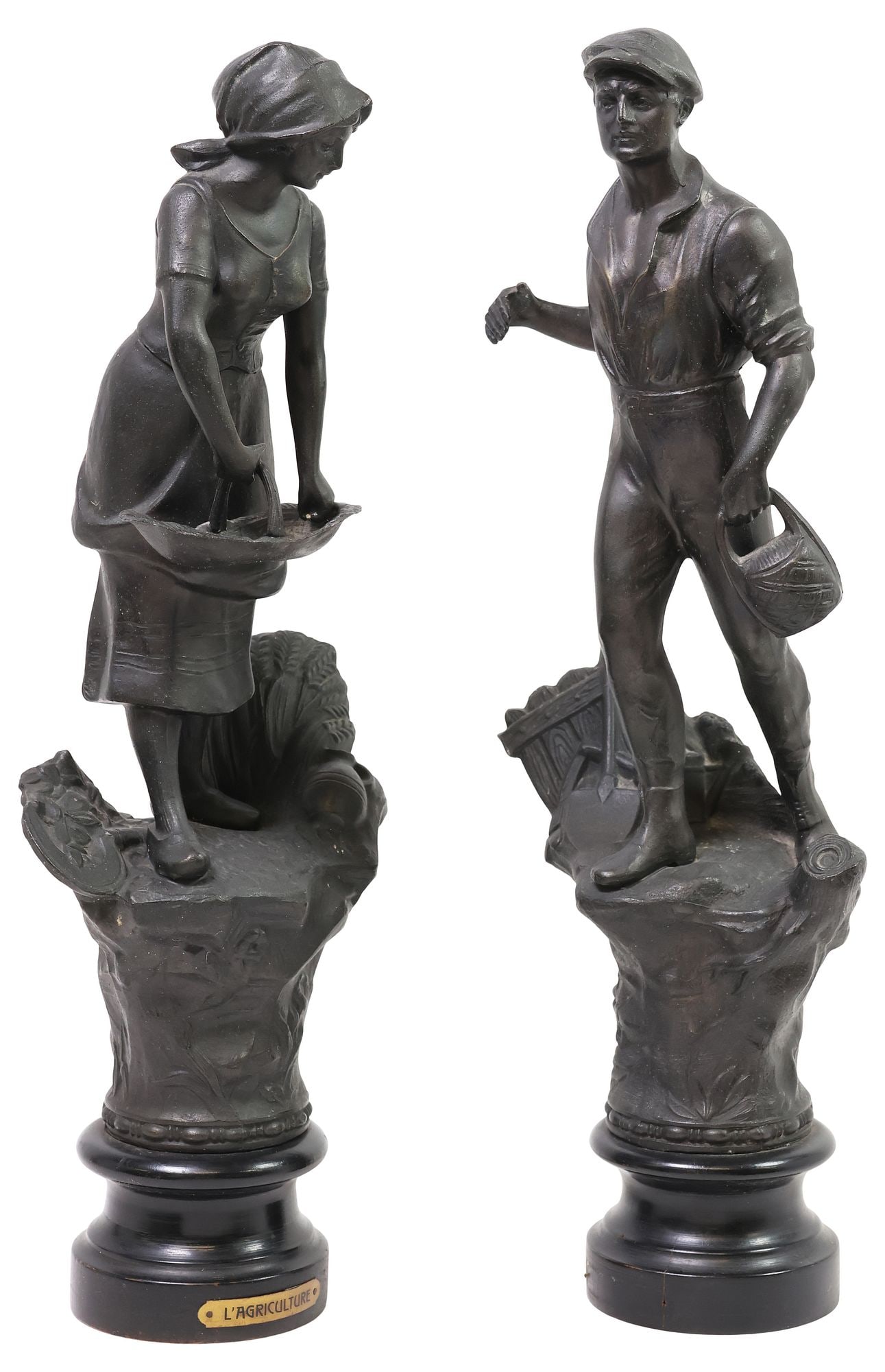 (2) PATINATED SPELTER FIGURAL SCULPTURES, MALE & FEMALE HARVESTERS (1 of 5)