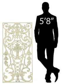 LARGE ARCHITECTURAL PAINTED CAST IRON SCROLLWORK PANEL, 51.5"H