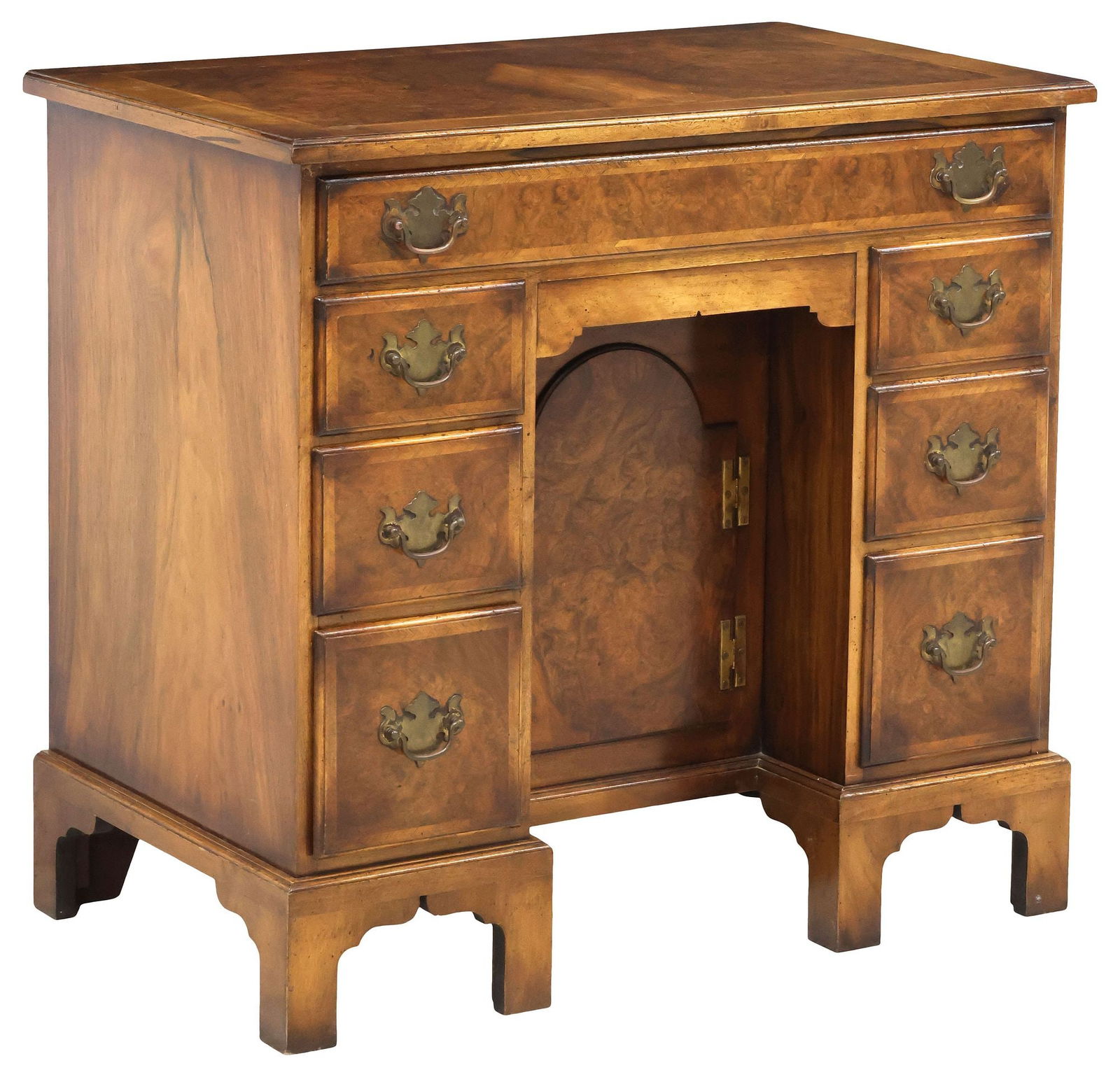 GEORGIAN STYLE BURLED WALNUT KNEEHOLE DESK/DRESSING TABLE: English Georgian style burled walnut desk, early 20th c., banded herringbone trimmed top, over full width drawer, kneehole fitted with cabinet door, open interior, flanked by narrow drawers, having br
